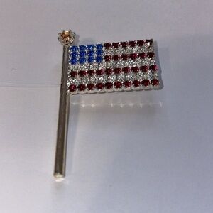 Jeweled American Flag Silver Metal Pin Brooch Red Blue Clear